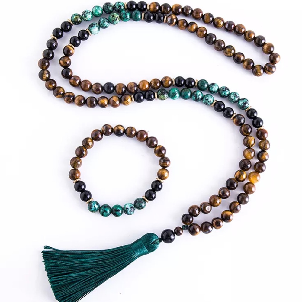 African turquoise, obsidian and tigers eye mala and bracelet set - Picture 2 of 4
